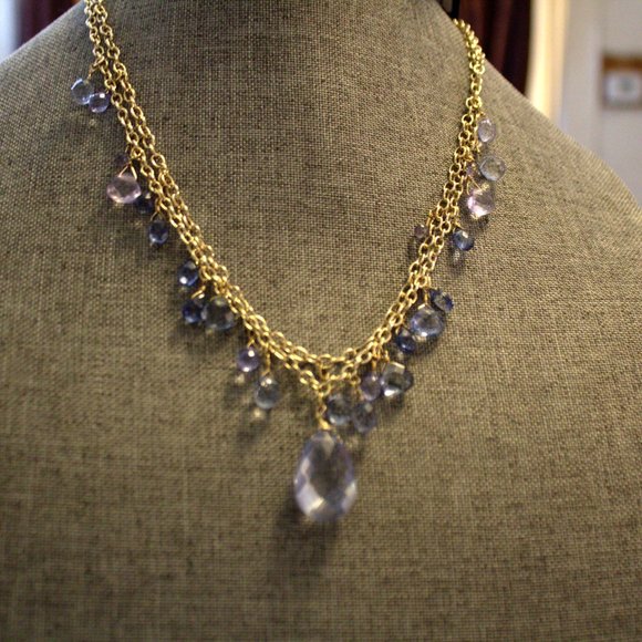 Dana Kellin Light Gold with Clear Blue Stone Necklace. - Picture 1 of 2